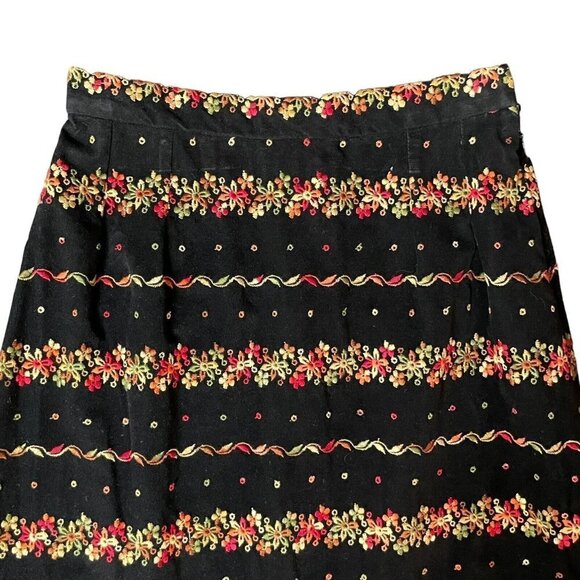 Vintage 1960s Malbe Womens Maxi Skirt XS Black Velvet Floral Embroidered Belted - Picture 4 of 9